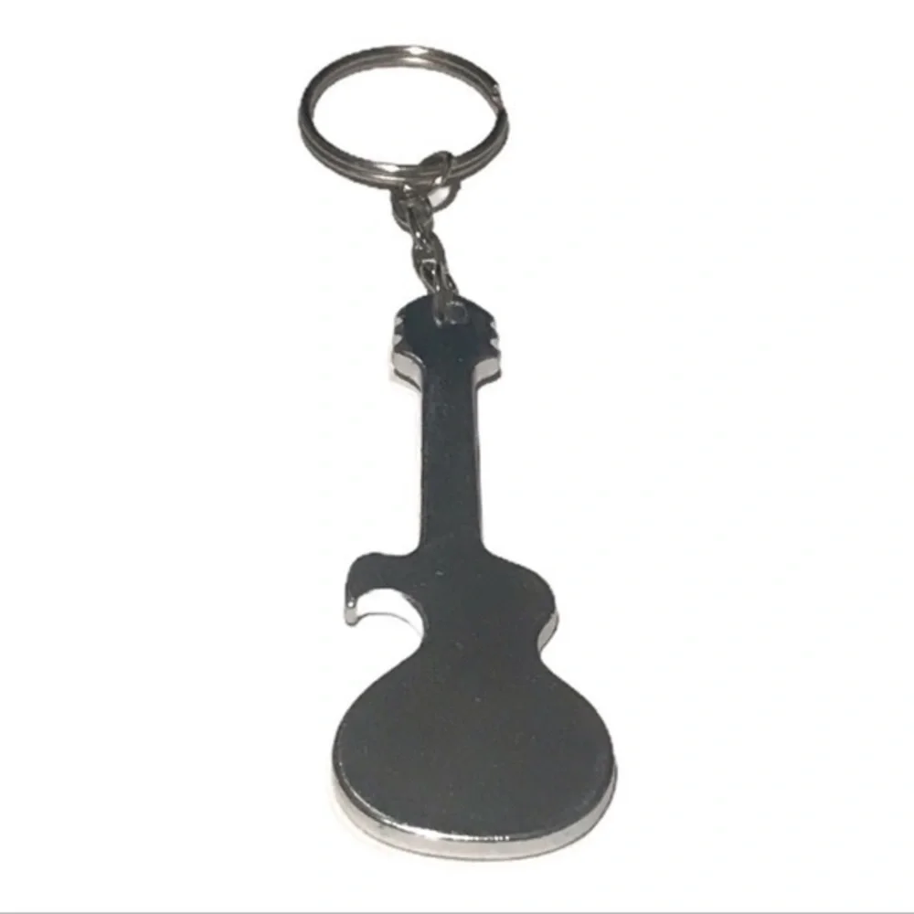 Handmade stamped “rock on” star pattern guitar shaped bottle opener‎ keychain